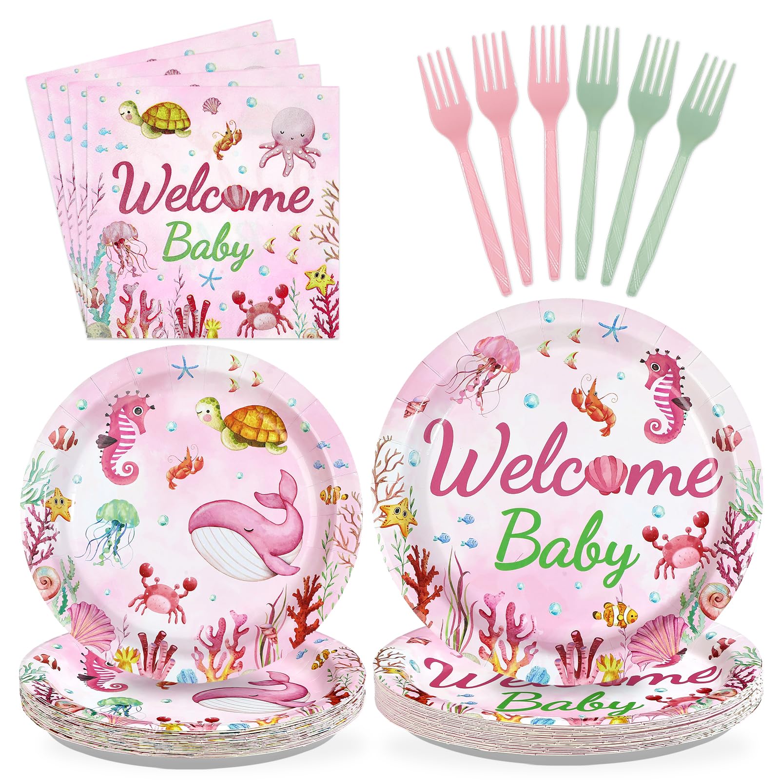 96 Pcs Pink Ocean Baby Shower Party Plates and Napkins - Grencian