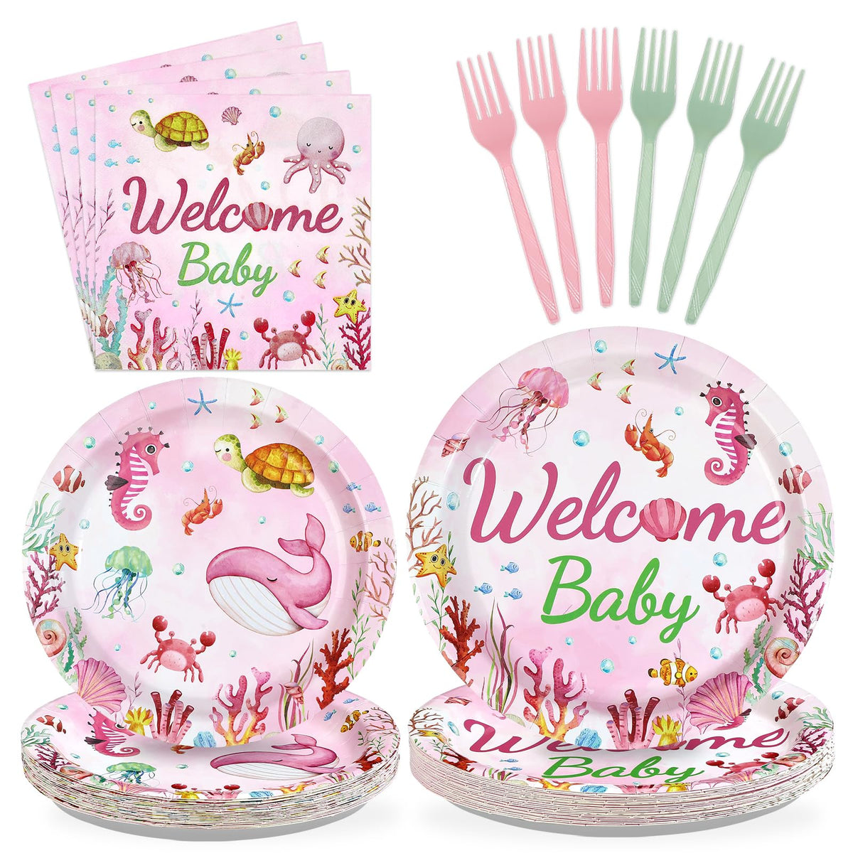 96 Pcs Pink Ocean Baby Shower Party Plates and Napkins - Grencian