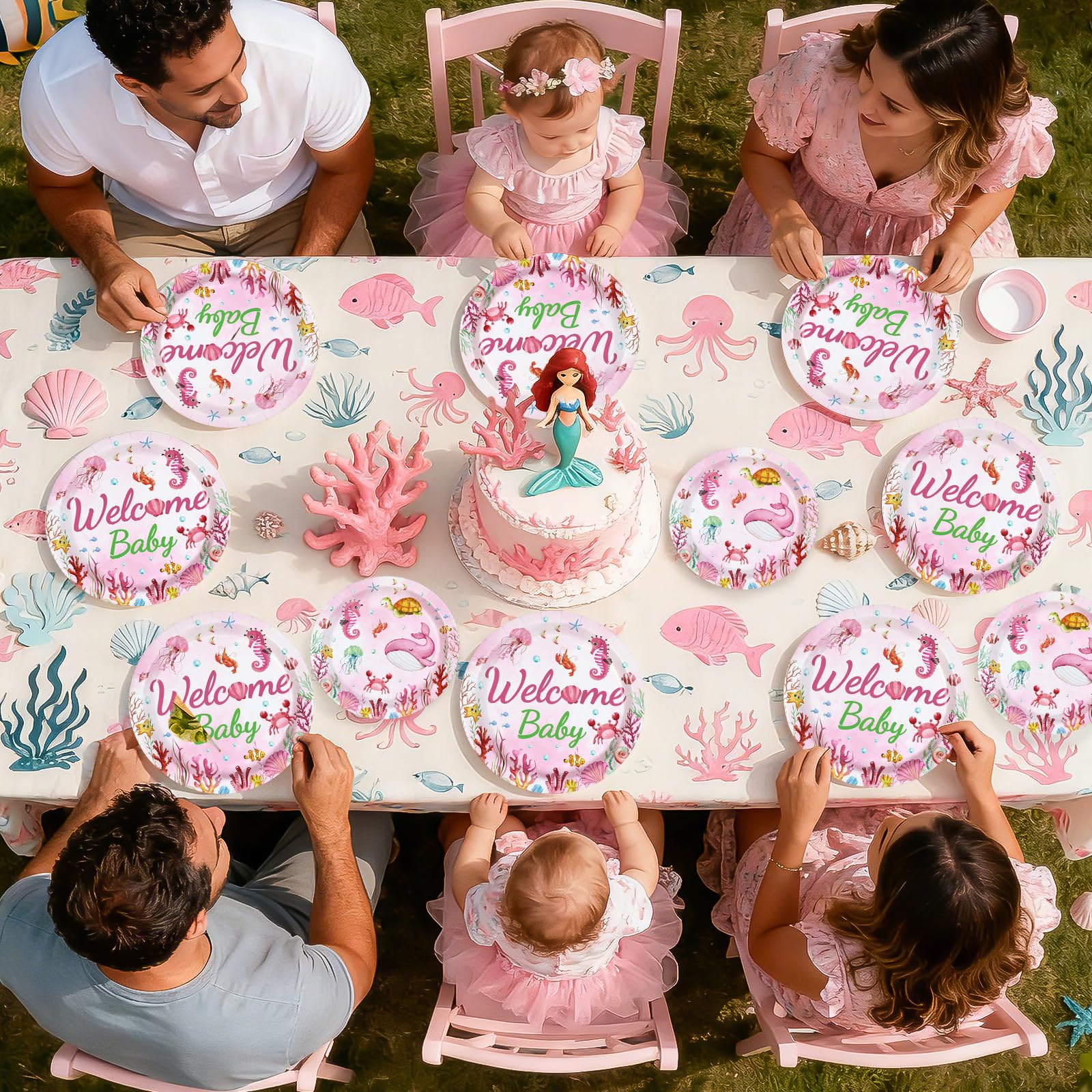96 Pcs Pink Ocean Baby Shower Party Plates and Napkins - Grencian