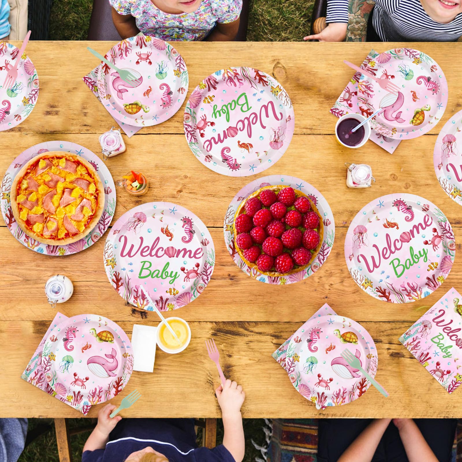 96 Pcs Pink Ocean Baby Shower Party Plates and Napkins - Grencian