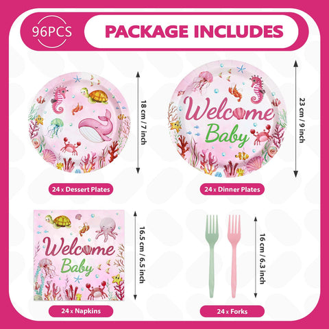 96 Pcs Pink Ocean Baby Shower Party Plates and Napkins - Grencian