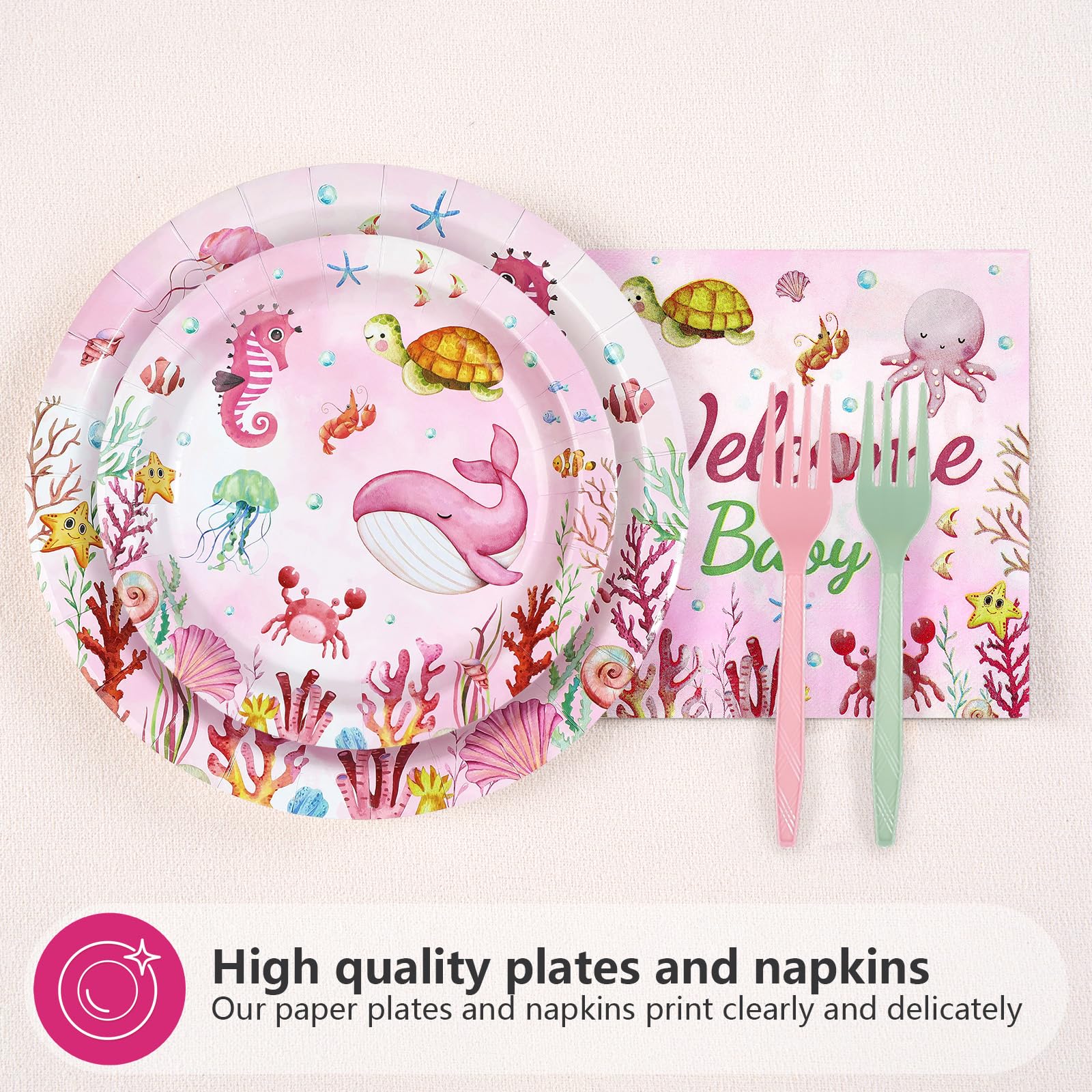 96 Pcs Pink Ocean Baby Shower Party Plates and Napkins - Grencian
