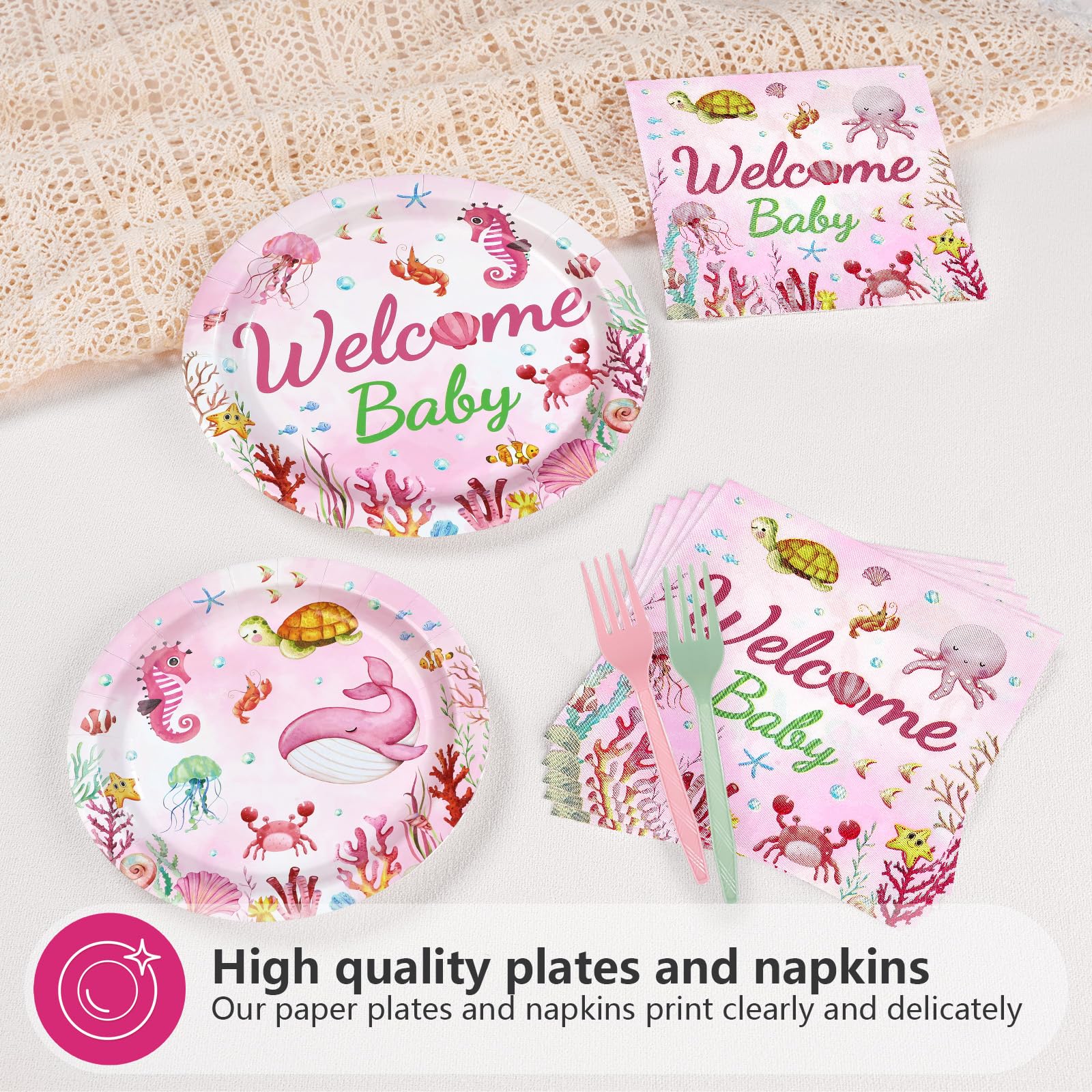 96 Pcs Pink Ocean Baby Shower Party Plates and Napkins - Grencian