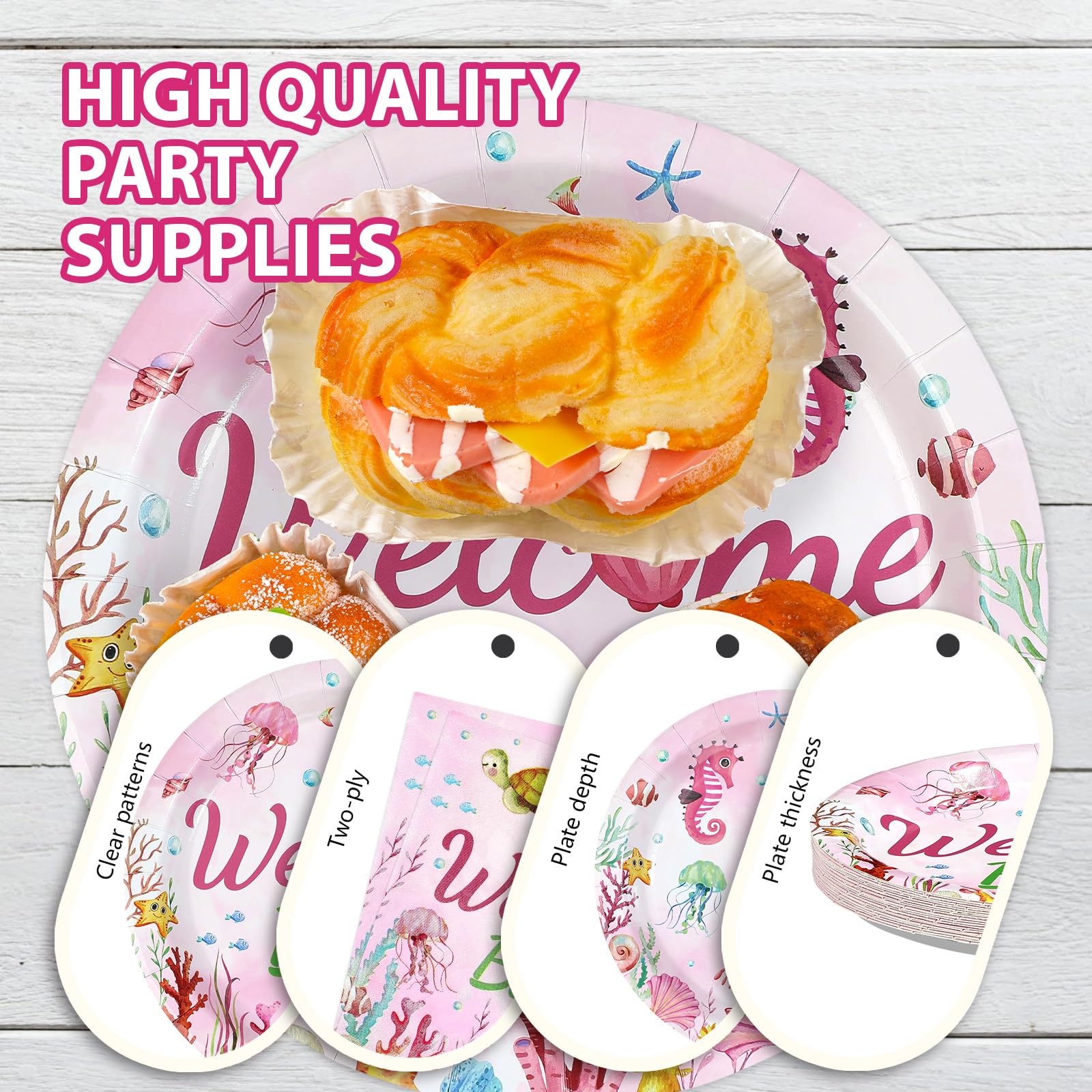 96 Pcs Pink Ocean Baby Shower Party Plates and Napkins - Grencian