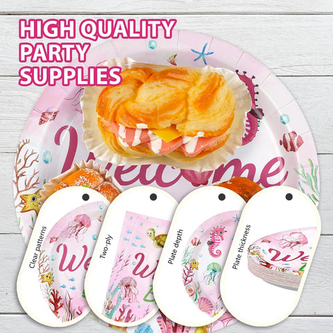 96 Pcs Pink Ocean Baby Shower Party Plates and Napkins - Grencian