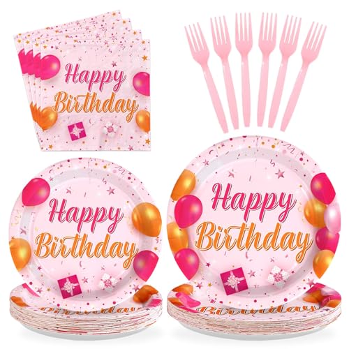96 Pcs Pink Orange Birthday Party Plates and Napkins - Grencian