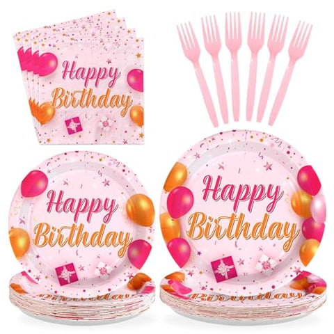 96 Pcs Pink Orange Birthday Party Plates and Napkins - Grencian