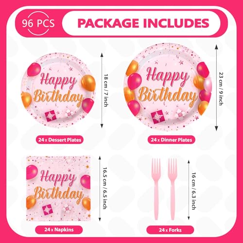 96 Pcs Pink Orange Birthday Party Plates and Napkins - Grencian