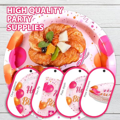 96 Pcs Pink Orange Birthday Party Plates and Napkins - Grencian
