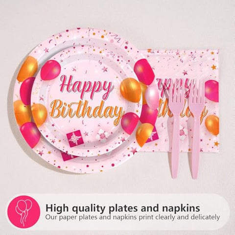 96 Pcs Pink Orange Birthday Party Plates and Napkins - Grencian