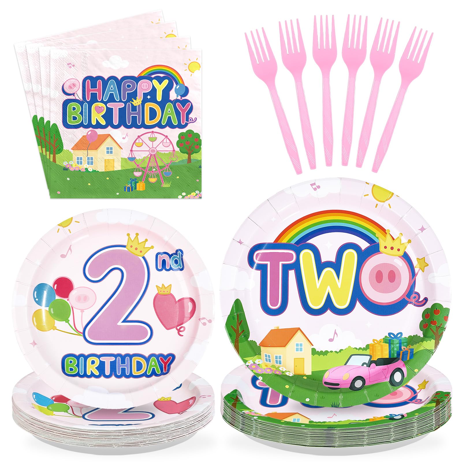 96 Pcs Pink Pig 2nd Birthday Party Plates and Napkins - Grencian