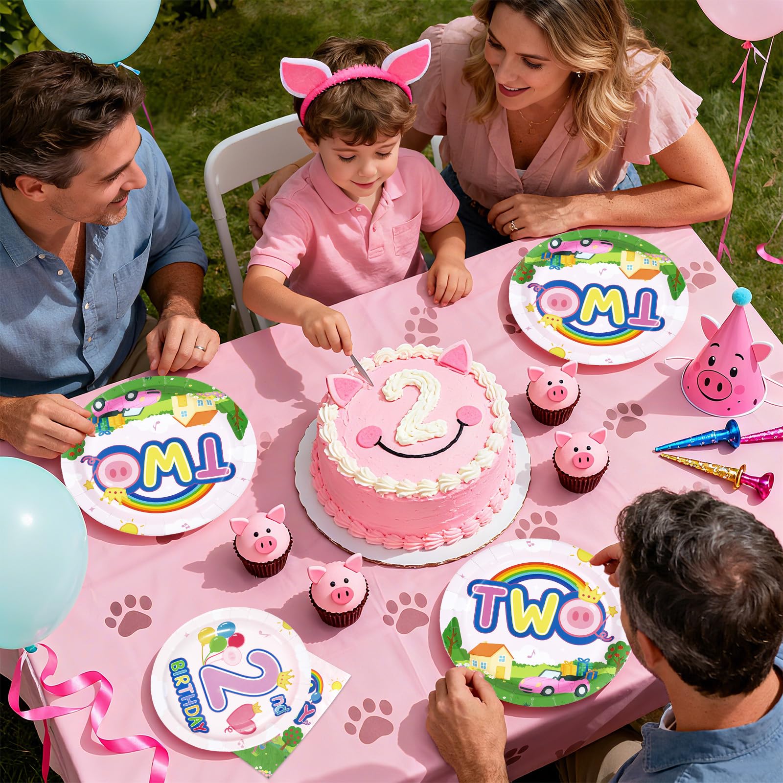 96 Pcs Pink Pig 2nd Birthday Party Plates and Napkins - Grencian