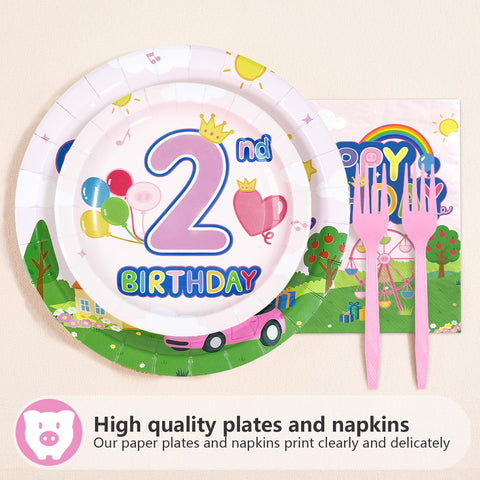 96 Pcs Pink Pig 2nd Birthday Party Plates and Napkins - Grencian