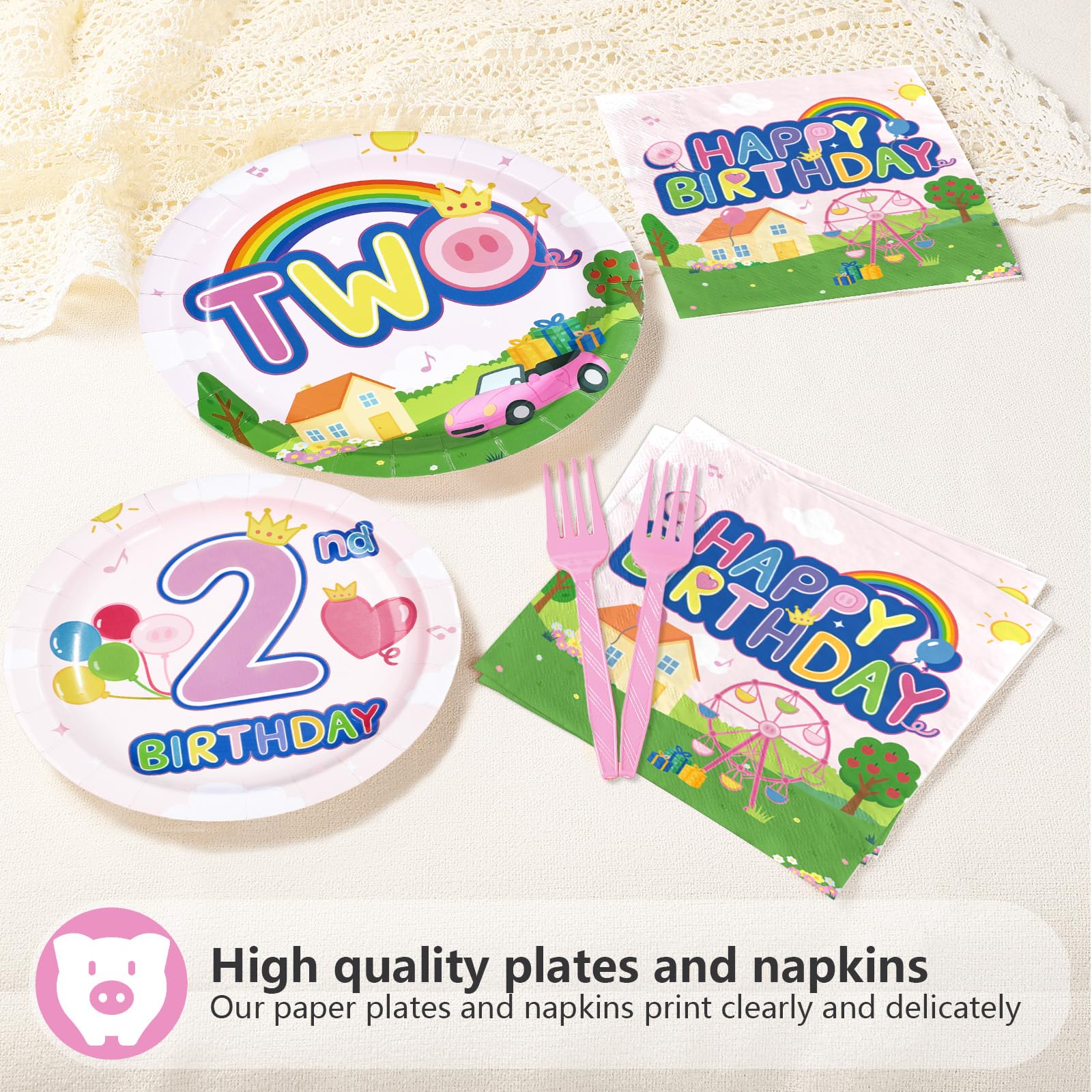 96 Pcs Pink Pig 2nd Birthday Party Plates and Napkins - Grencian