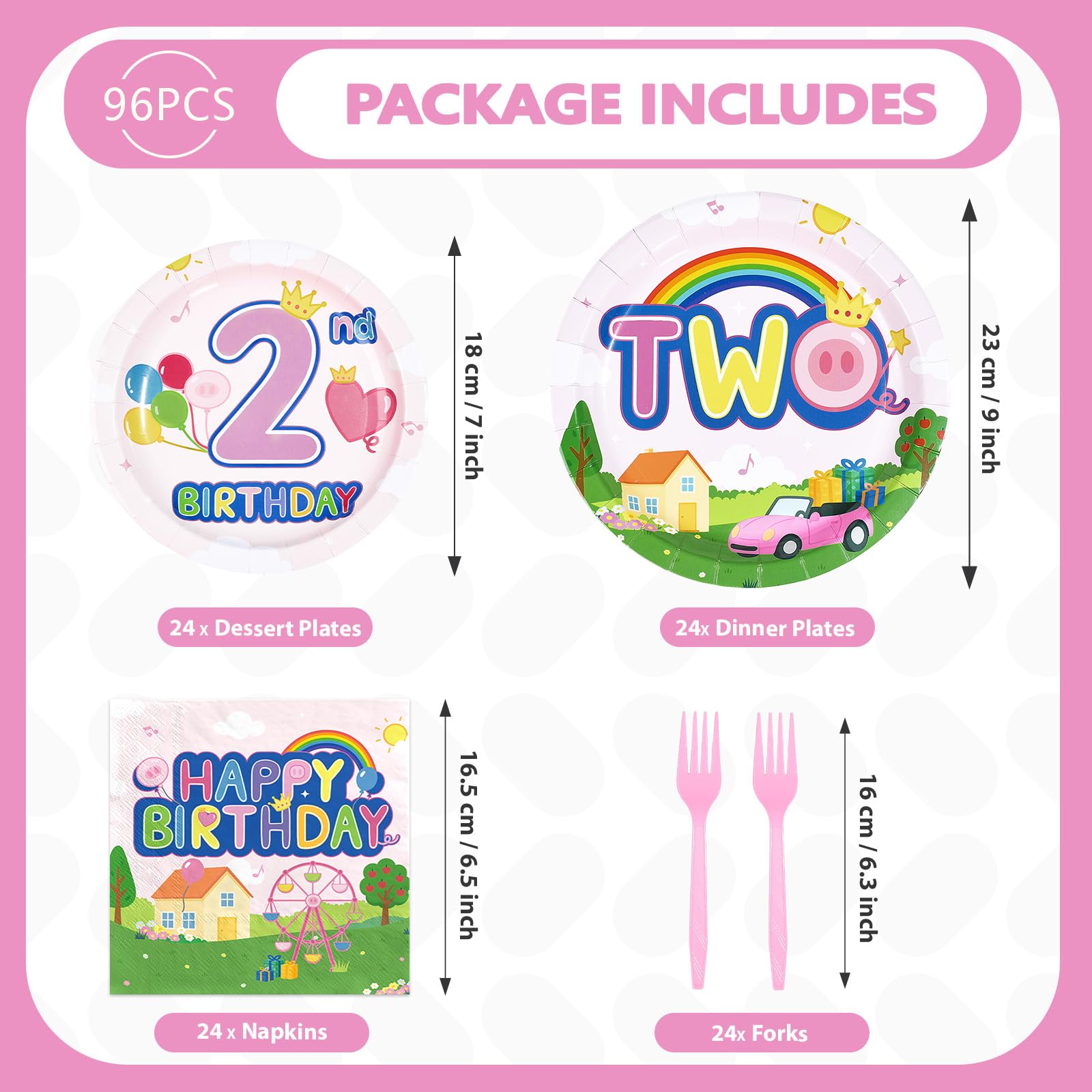 96 Pcs Pink Pig 2nd Birthday Party Plates and Napkins - Grencian