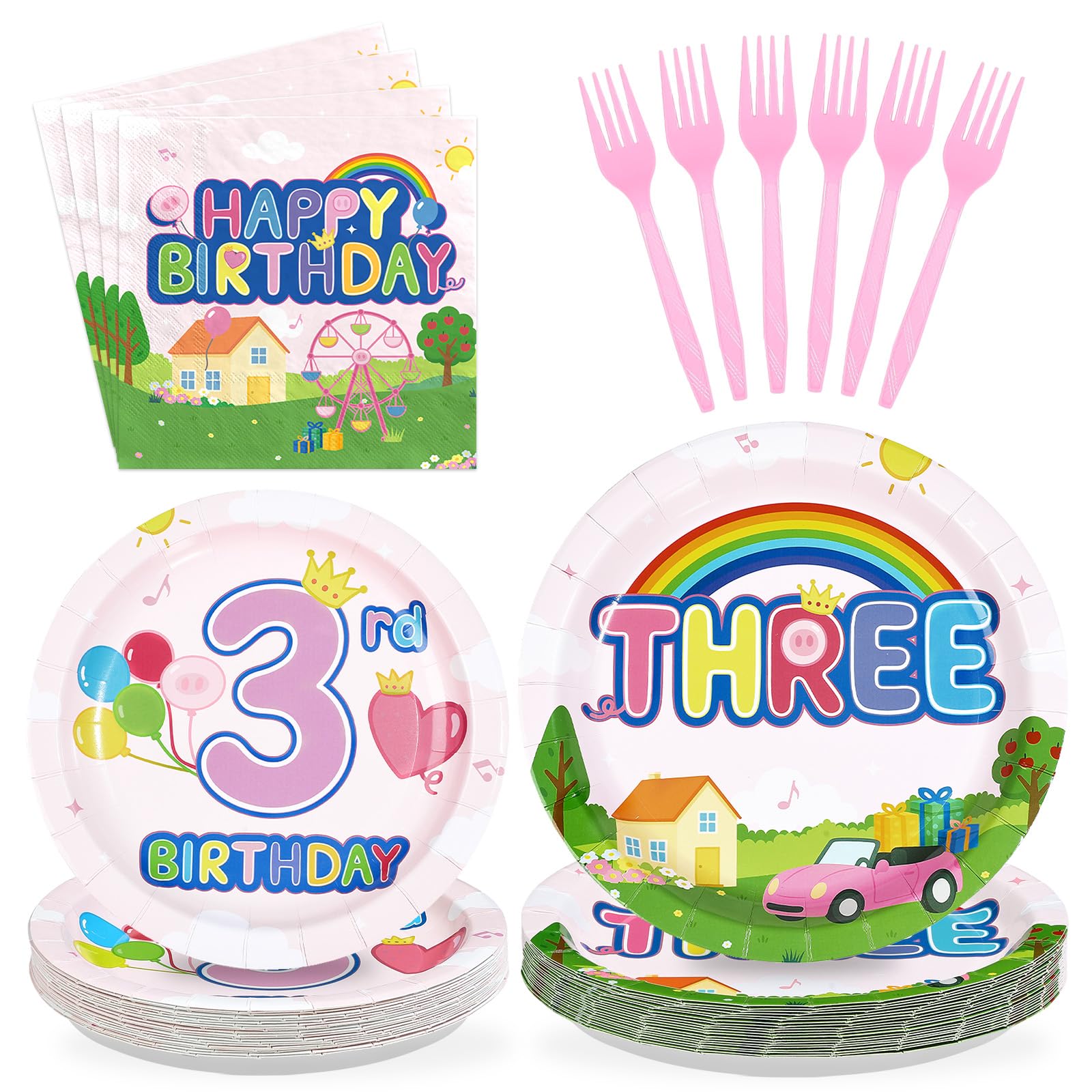 96 Pcs Pink Pig 3rd Birthday Party Plates and Napkins - Grencian