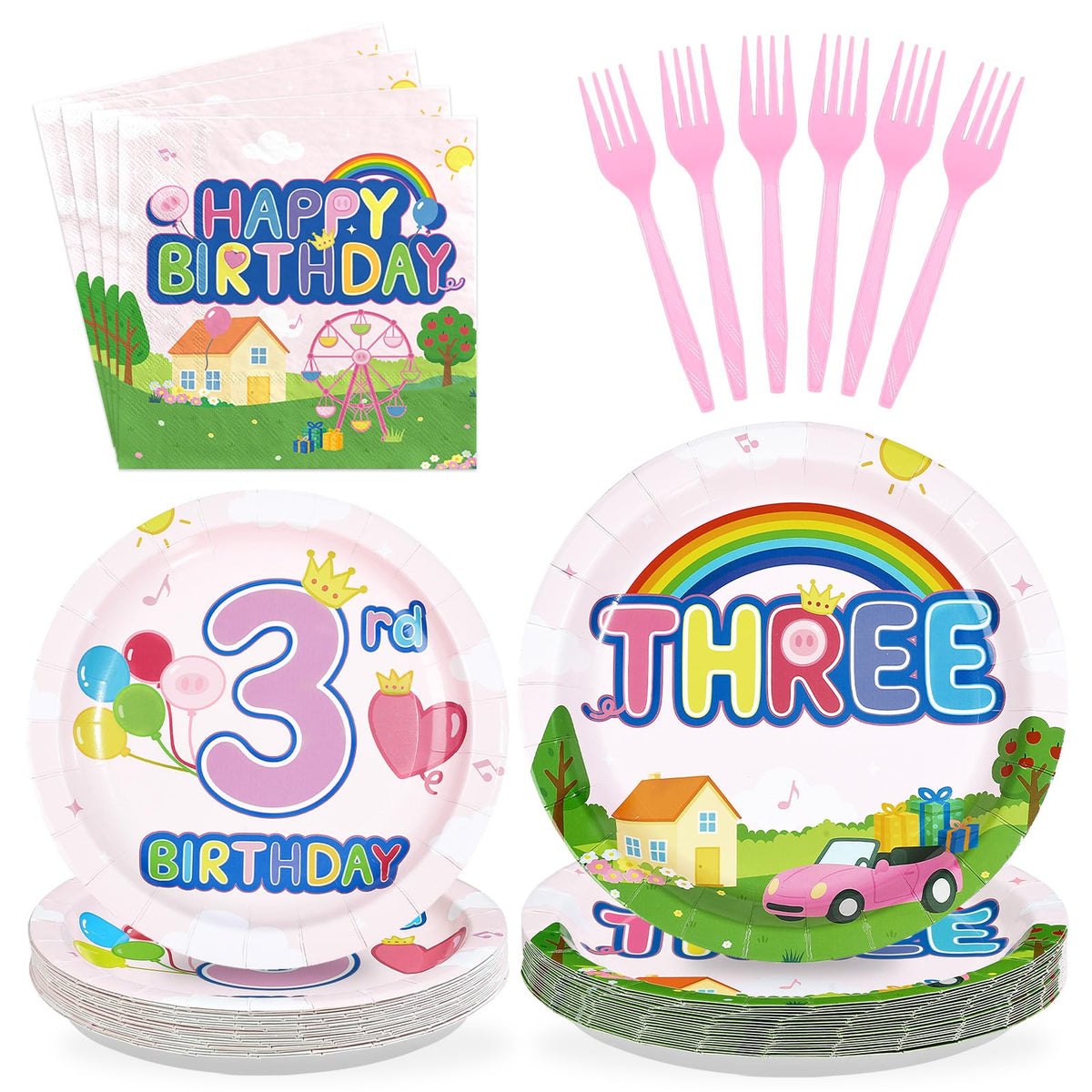 96 Pcs Pink Pig 3rd Birthday Party Plates and Napkins - Grencian