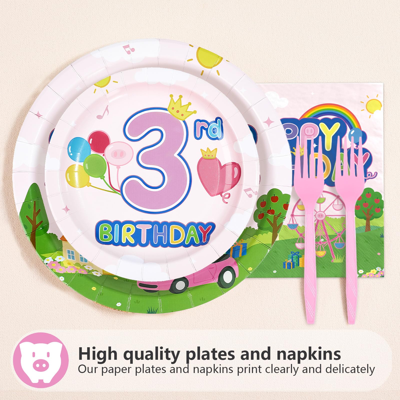 96 Pcs Pink Pig 3rd Birthday Party Plates and Napkins - Grencian