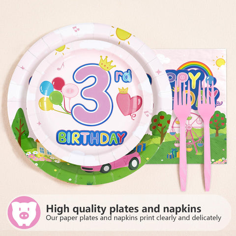 96 Pcs Pink Pig 3rd Birthday Party Plates and Napkins - Grencian