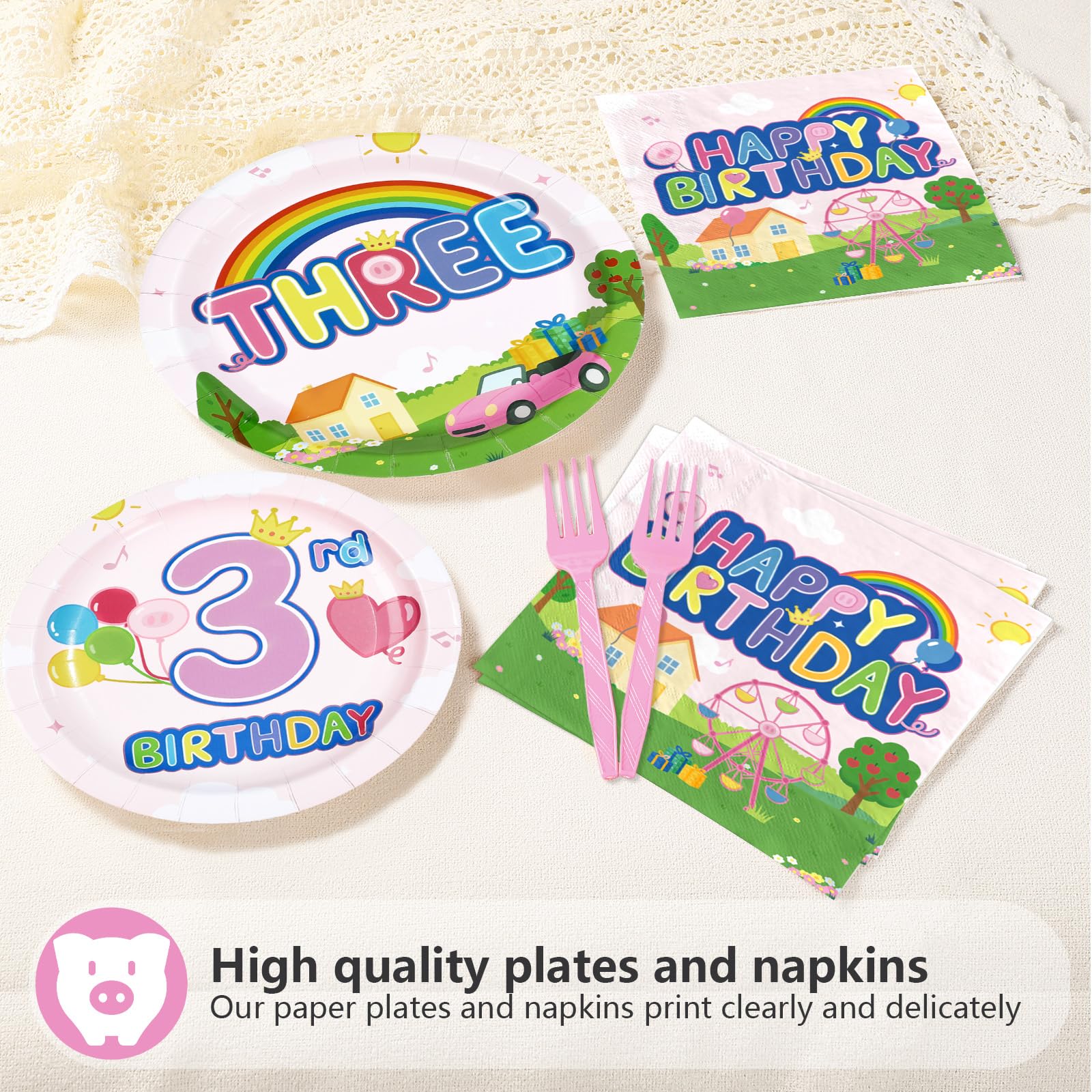 96 Pcs Pink Pig 3rd Birthday Party Plates and Napkins - Grencian