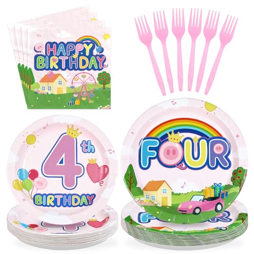 96 Pcs Pink Pig 4th Birthday Party Plates and Napkins - Grencian