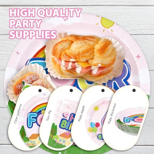 96 Pcs Pink Pig 4th Birthday Party Plates and Napkins - Grencian
