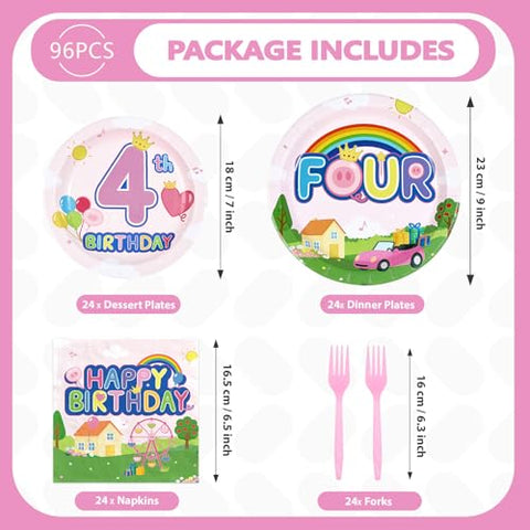 96 Pcs Pink Pig 4th Birthday Party Plates and Napkins - Grencian