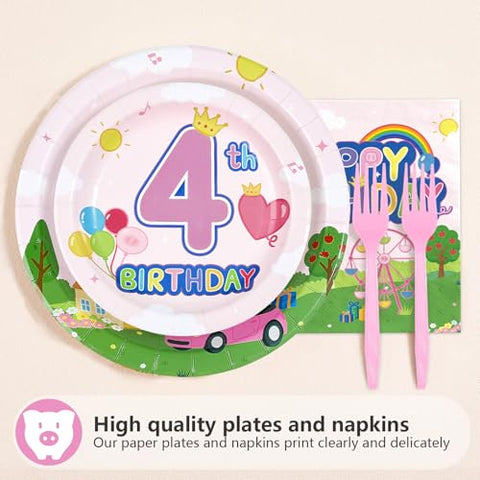 96 Pcs Pink Pig 4th Birthday Party Plates and Napkins - Grencian