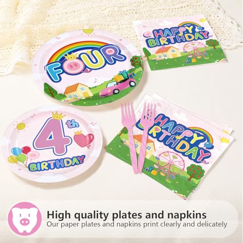 96 Pcs Pink Pig 4th Birthday Party Plates and Napkins - Grencian