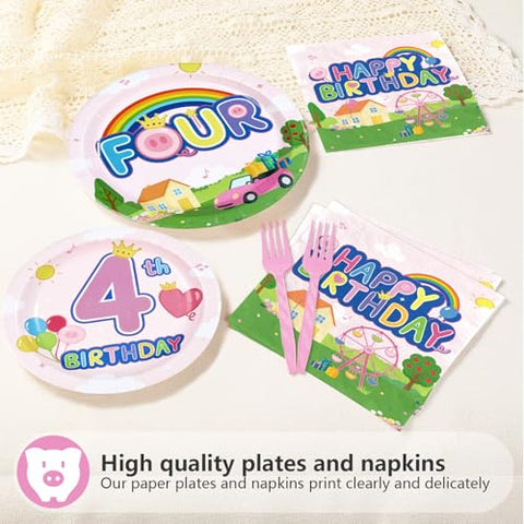 96 Pcs Pink Pig 4th Birthday Party Plates and Napkins - Grencian