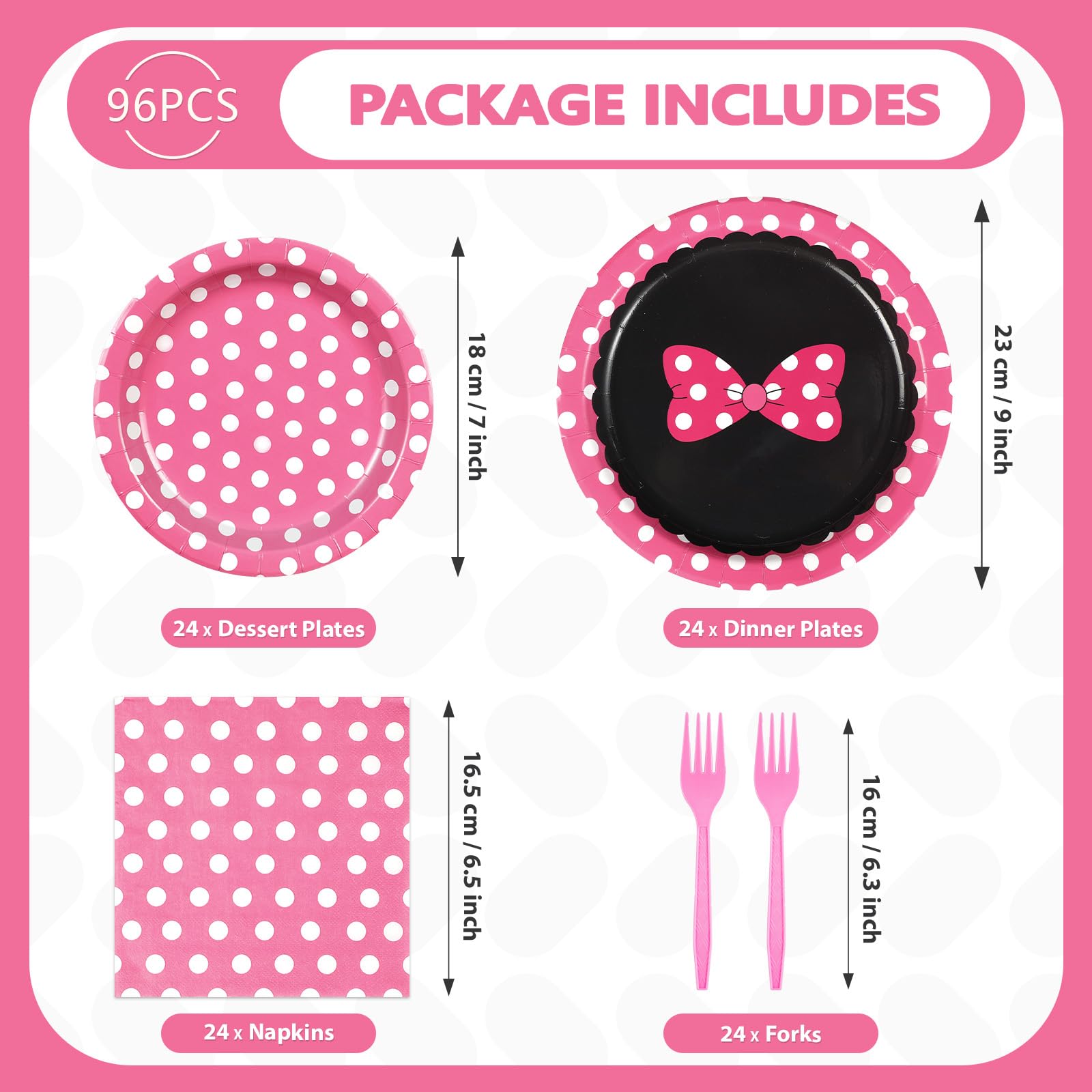 96 Pcs Pink Polka Dots Party Plates and Napkins - Grencian