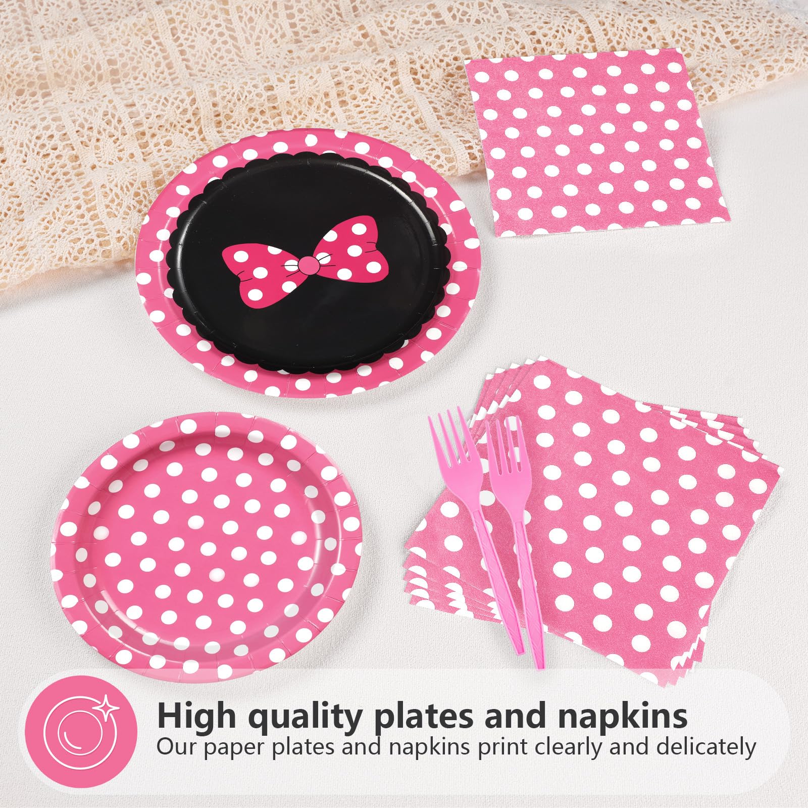 96 Pcs Pink Polka Dots Party Plates and Napkins - Grencian
