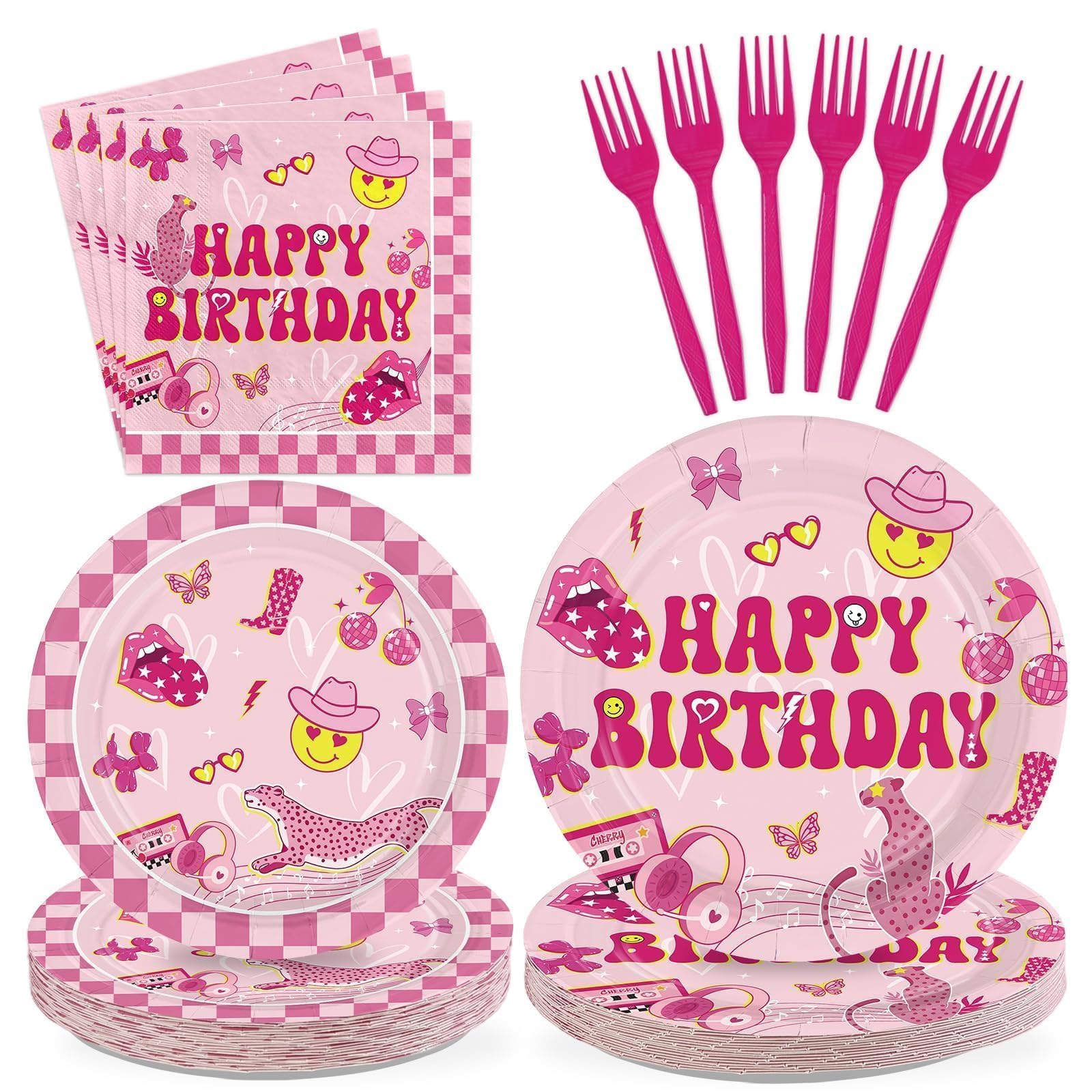 96 Pcs Pink Preppy Birthday Party Plates and Napkins - Grencian
