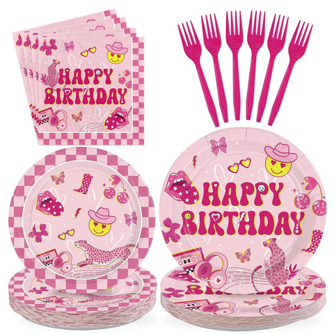 96 Pcs Pink Preppy Birthday Party Plates and Napkins - Grencian