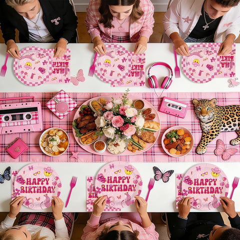 96 Pcs Pink Preppy Birthday Party Plates and Napkins - Grencian