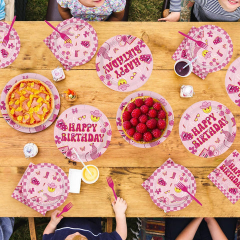 96 Pcs Pink Preppy Birthday Party Plates and Napkins - Grencian