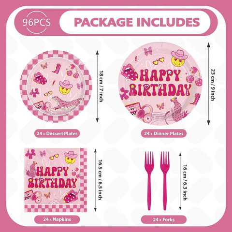 96 Pcs Pink Preppy Birthday Party Plates and Napkins - Grencian