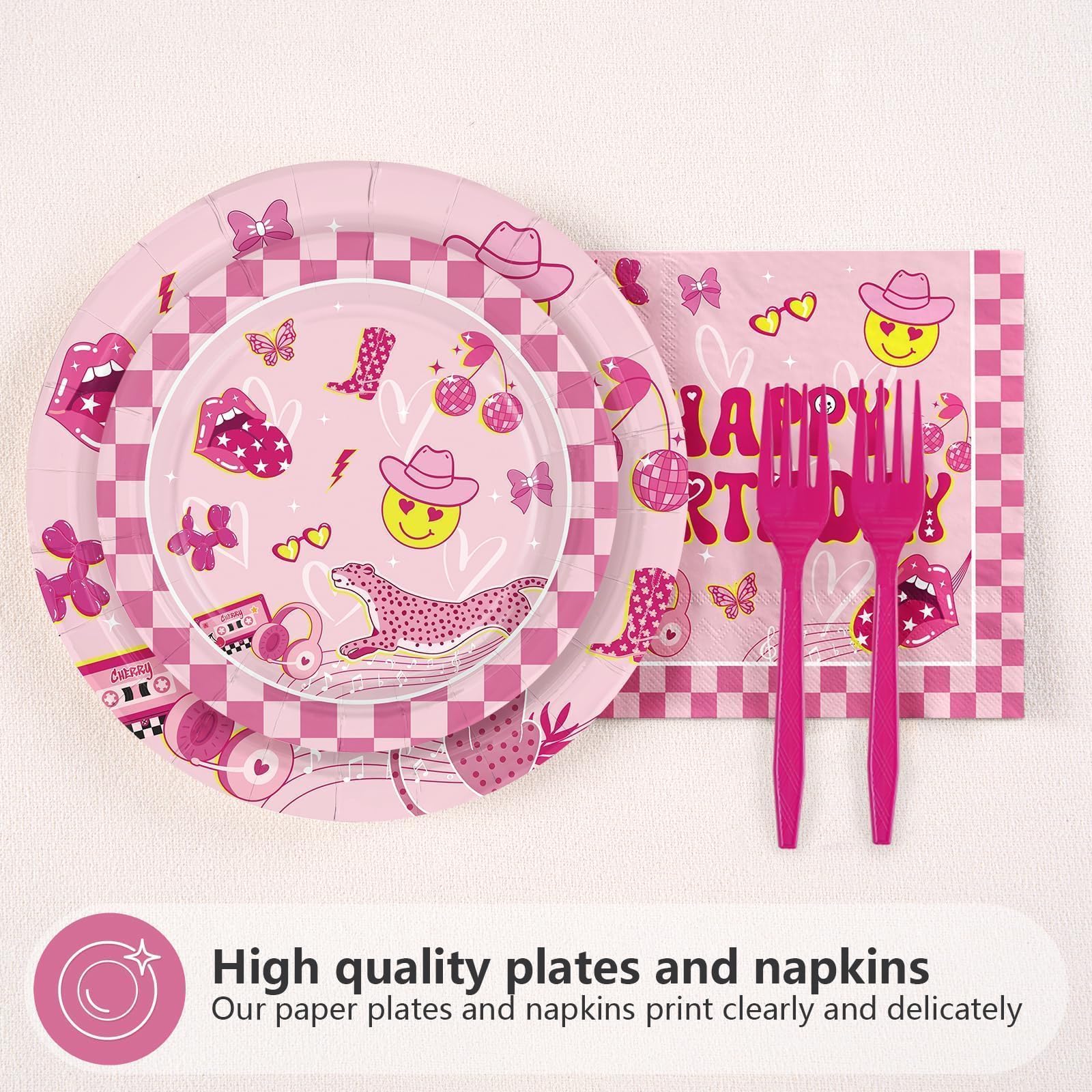 96 Pcs Pink Preppy Birthday Party Plates and Napkins - Grencian