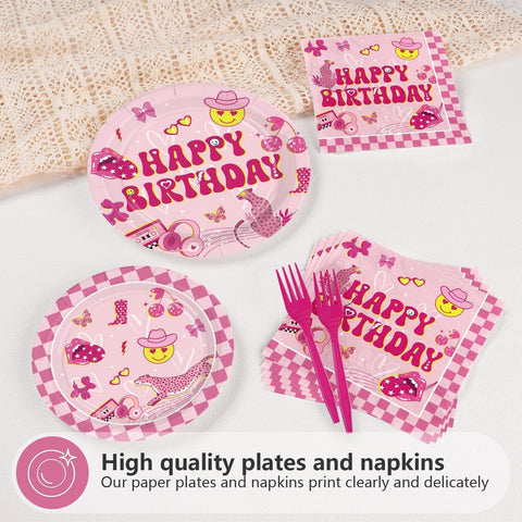 96 Pcs Pink Preppy Birthday Party Plates and Napkins - Grencian