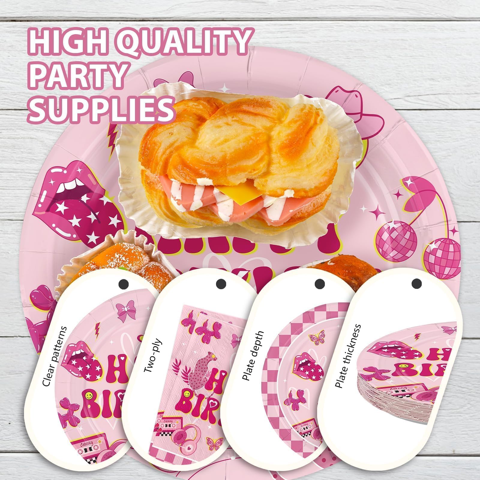 96 Pcs Pink Preppy Birthday Party Plates and Napkins - Grencian