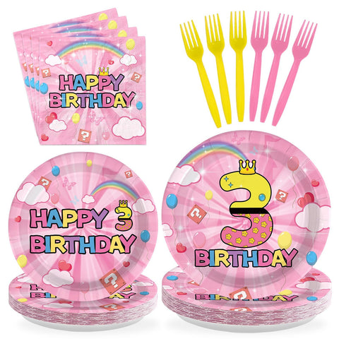 96 Pcs Pink Princess 3rd Birthday Party Plates and Napkins - Grencian