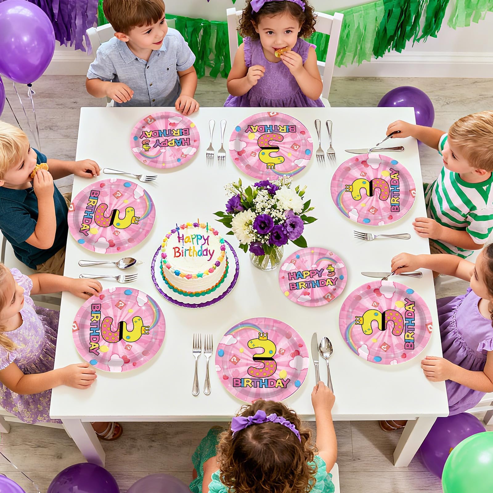 96 Pcs Pink Princess 3rd Birthday Party Plates and Napkins - Grencian