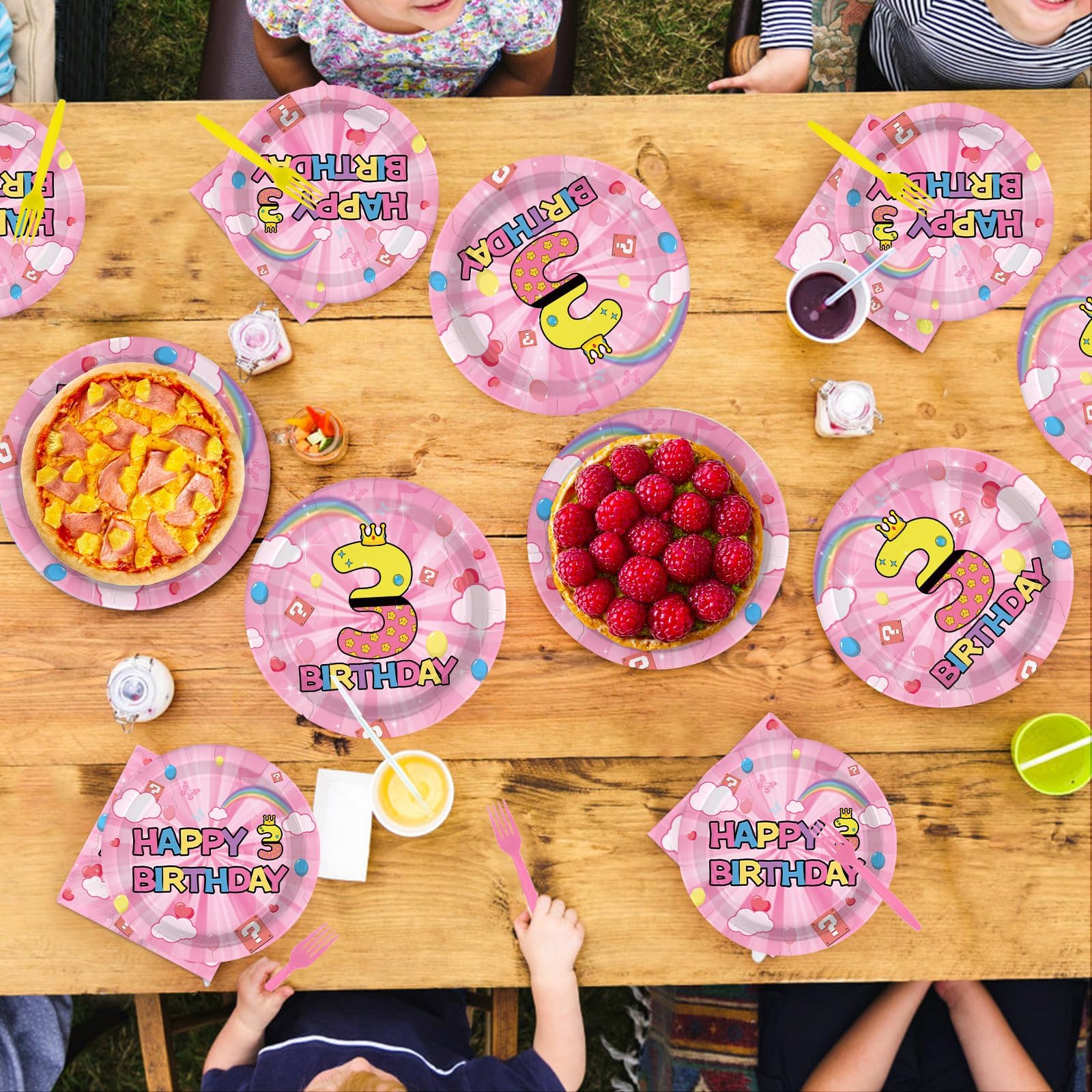 96 Pcs Pink Princess 3rd Birthday Party Plates and Napkins - Grencian