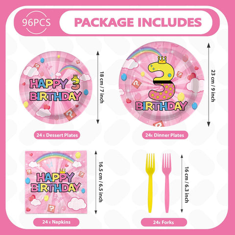 96 Pcs Pink Princess 3rd Birthday Party Plates and Napkins - Grencian