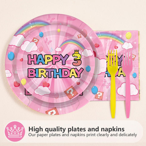 96 Pcs Pink Princess 3rd Birthday Party Plates and Napkins - Grencian