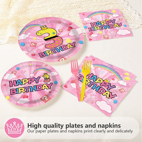96 Pcs Pink Princess 3rd Birthday Party Plates and Napkins - Grencian