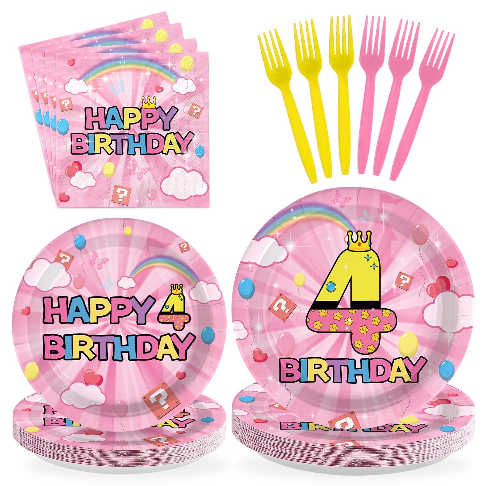 96 Pcs Pink Princess 4th Birthday Party Plates and Napkins - Grencian