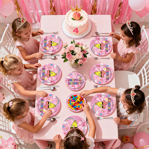 96 Pcs Pink Princess 4th Birthday Party Plates and Napkins - Grencian