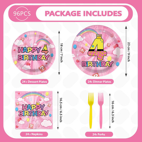 96 Pcs Pink Princess 4th Birthday Party Plates and Napkins - Grencian