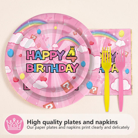 96 Pcs Pink Princess 4th Birthday Party Plates and Napkins - Grencian